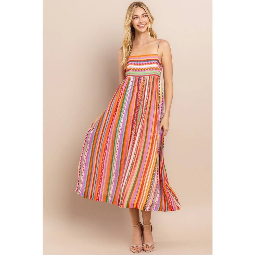 TCEC Womens I‎ Came To Dance Striped Midi Dress Size Small Spaghetti Straps Boho